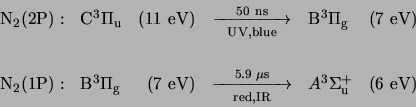 \begin{displaymath}\begin{array}{rlrcll} {\ensuremath{{\rm N}_2(2{\rm P})}}:& \e...
...\mu{\rm s}\quad}& A^3\Sigma_{\rm u}^+ &(6&nbsp;{\rm eV}) \end{array}\end{displaymath}